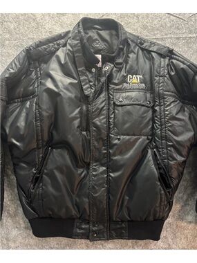 VTG 80s 90s Caterpillar CAT Ring Power Nylon Puffer Bomber Jacket Men's M Black